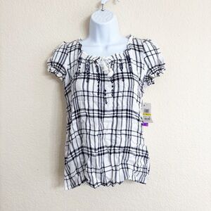 Black and White Smocked Blouse with Cap Sleeves and Rounded Neckline